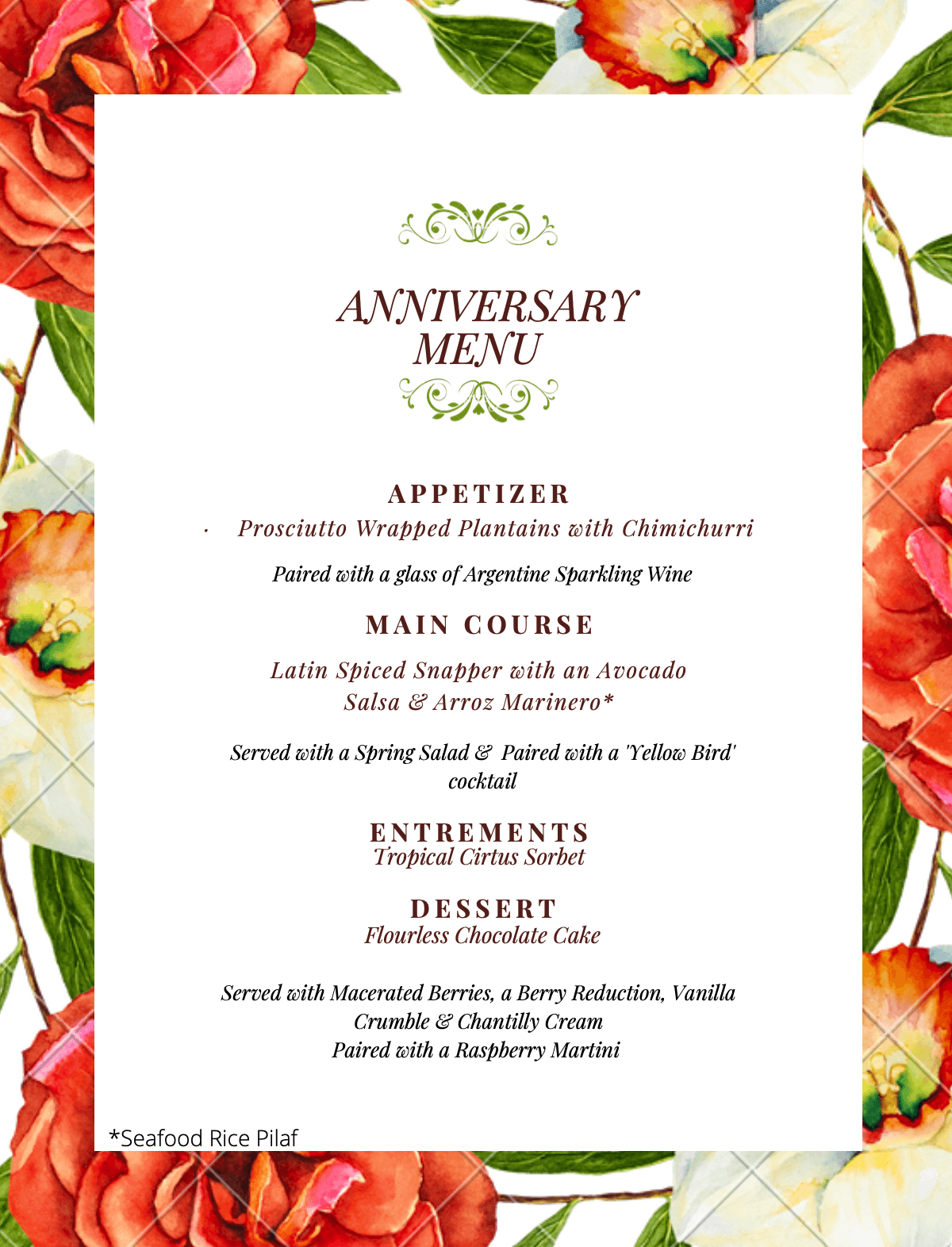 Anniversary Celebration Menu